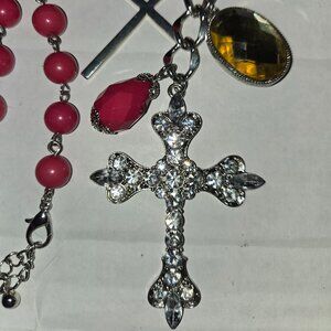 Pink Beaded & Rhinestone Cross Long Necklace
